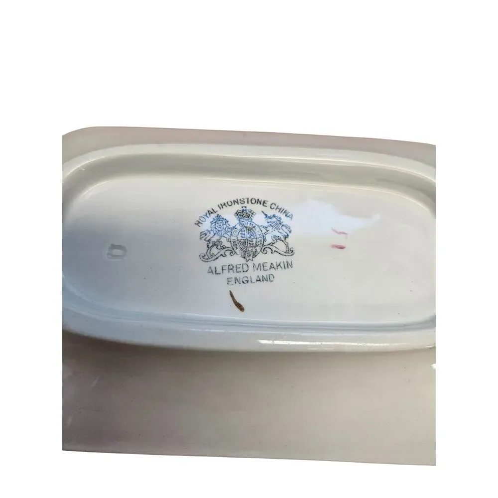 Meakin Tea Leaf Copper Luster Gravy Boat and Underplate, Ironstone